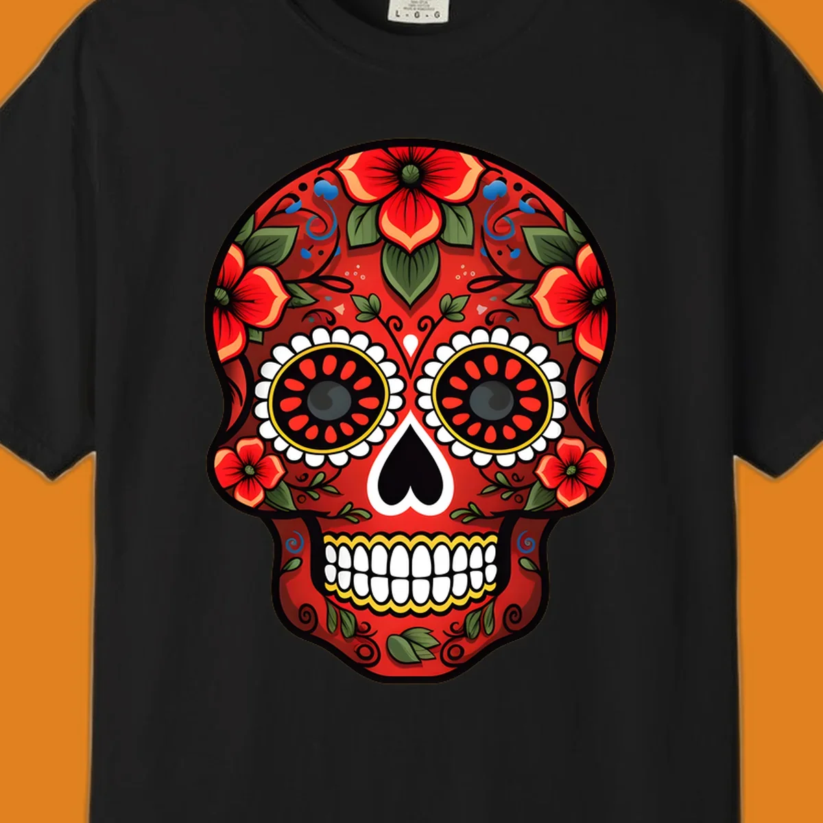 A vibrant floral calavera design, rich in red, green, yellow, and blue, adorned with flowers and swirls.