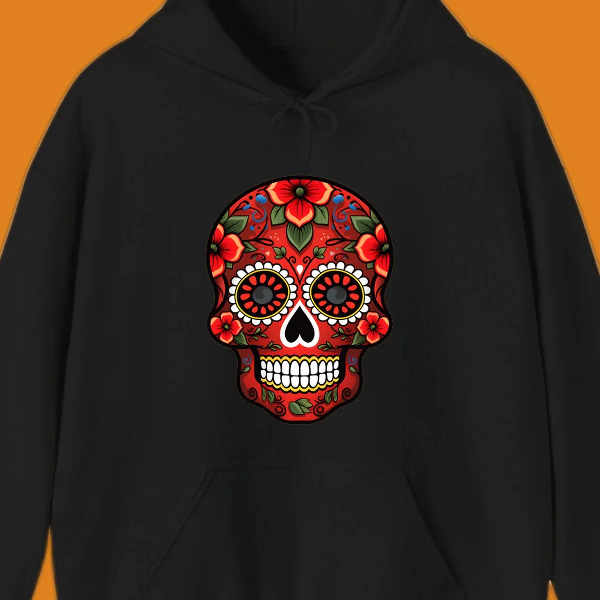 A vibrant floral calavera design, rich in red, green, yellow, and blue, adorned with flowers and swirls.