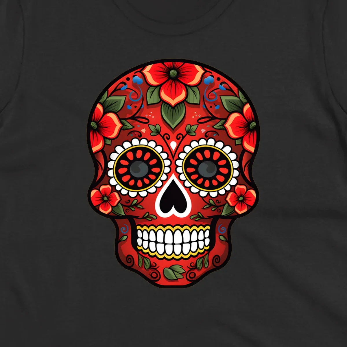 A vibrant floral calavera design, rich in red, green, yellow, and blue, adorned with flowers and swirls.