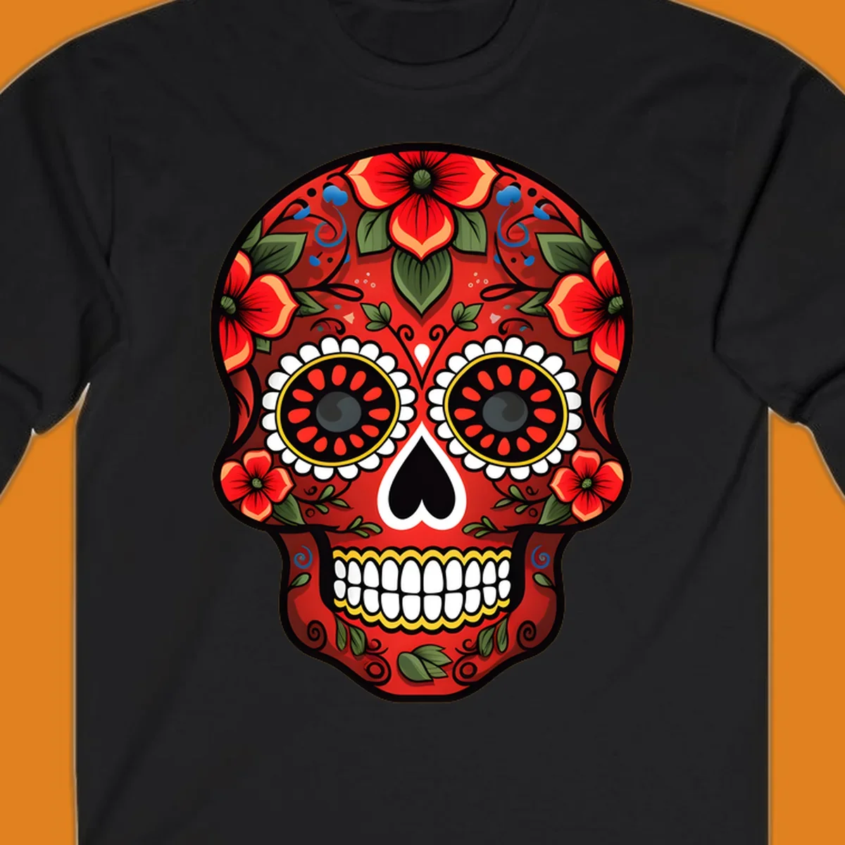 A vibrant floral calavera design, rich in red, green, yellow, and blue, adorned with flowers and swirls.