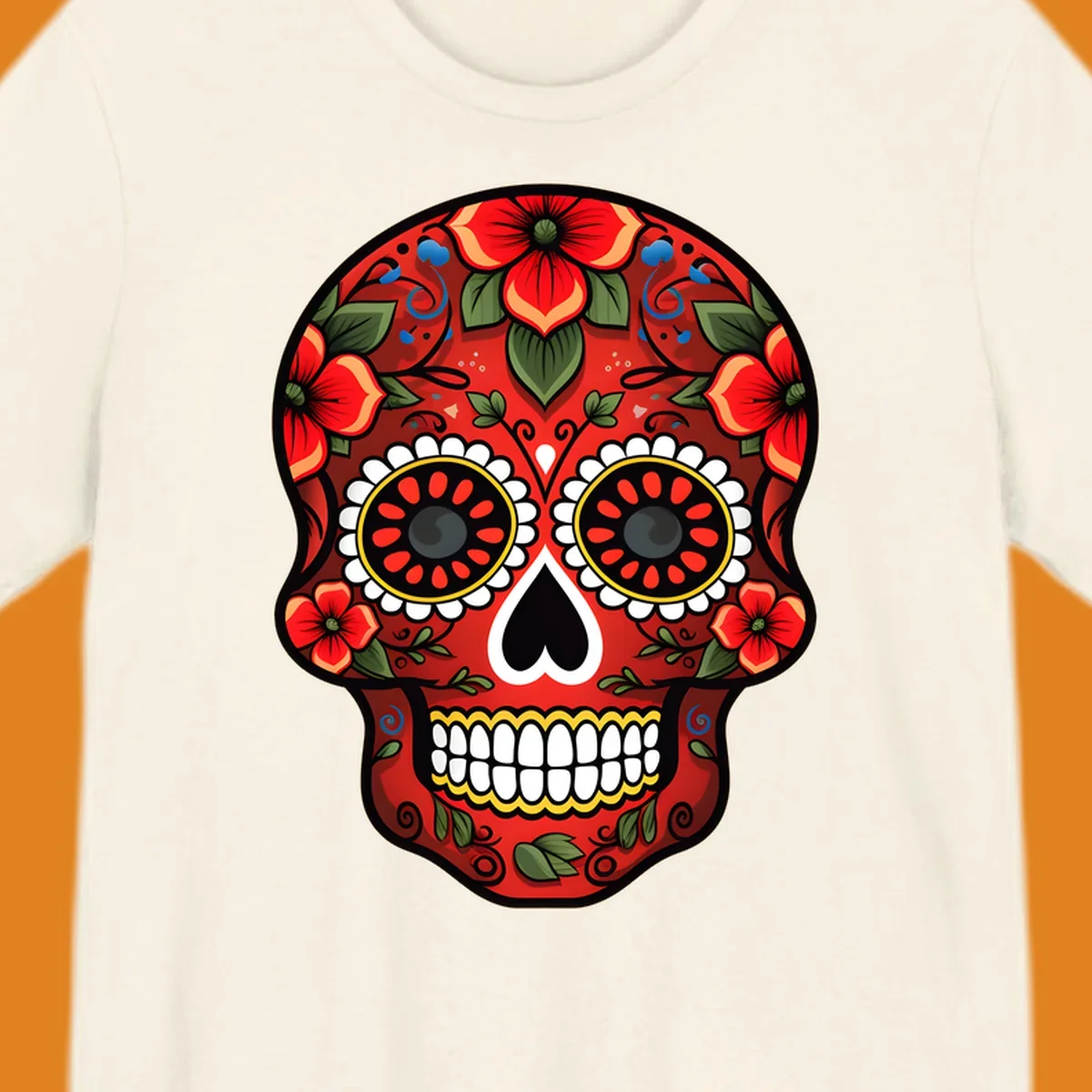 A vibrant floral calavera design, rich in red, green, yellow, and blue, adorned with flowers and swirls.