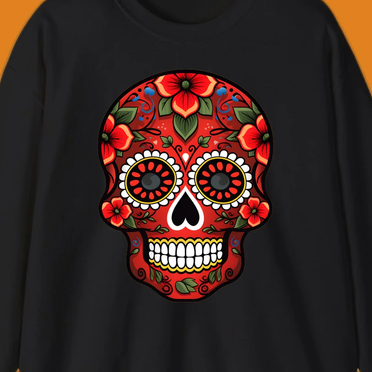 A vibrant floral calavera design, rich in red, green, yellow, and blue, adorned with flowers and swirls.