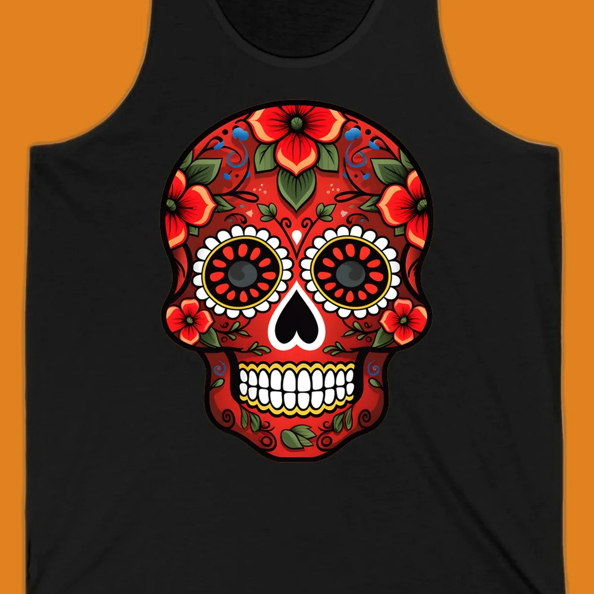 A vibrant floral calavera design, rich in red, green, yellow, and blue, adorned with flowers and swirls.