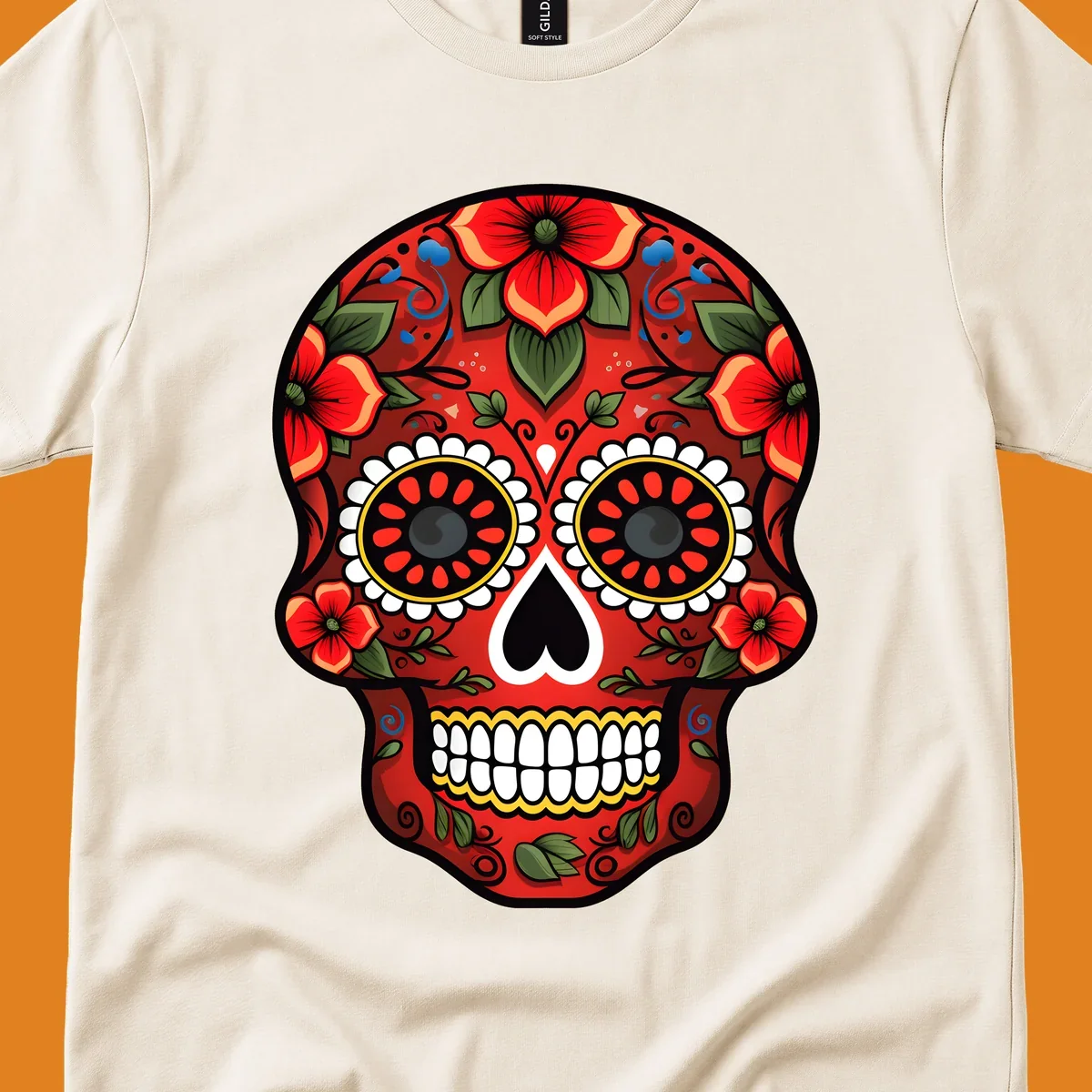 A vibrant floral calavera design, rich in red, green, yellow, and blue, adorned with flowers and swirls.