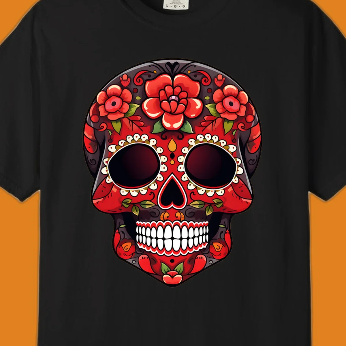 A detailed red floral sugar skull calavera illustration, adorned with bright red roses, green leaves, white teeth, and yellow accents.