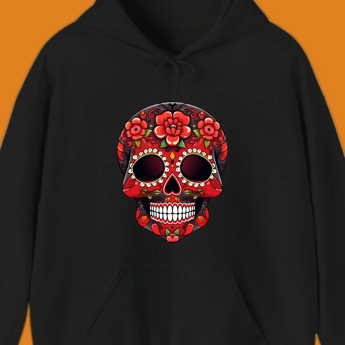 A detailed red floral sugar skull calavera illustration, adorned with bright red roses, green leaves, white teeth, and yellow accents.