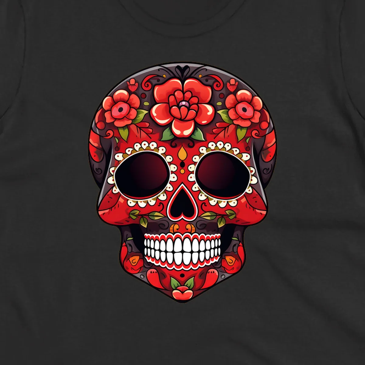 A detailed red floral sugar skull calavera illustration, adorned with bright red roses, green leaves, white teeth, and yellow accents.