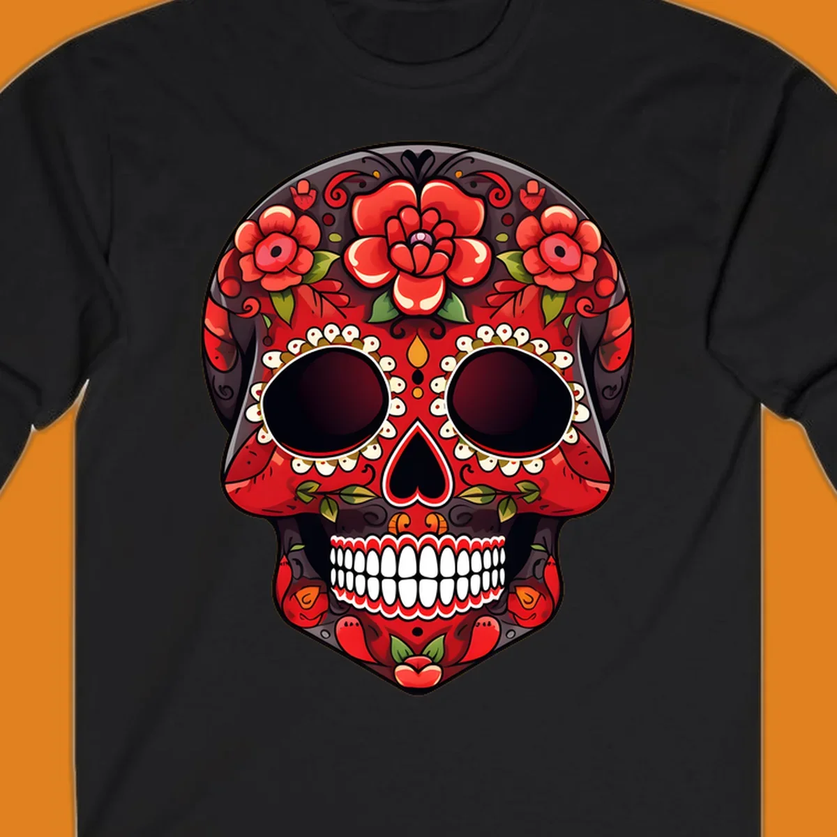 A detailed red floral sugar skull calavera illustration, adorned with bright red roses, green leaves, white teeth, and yellow accents.