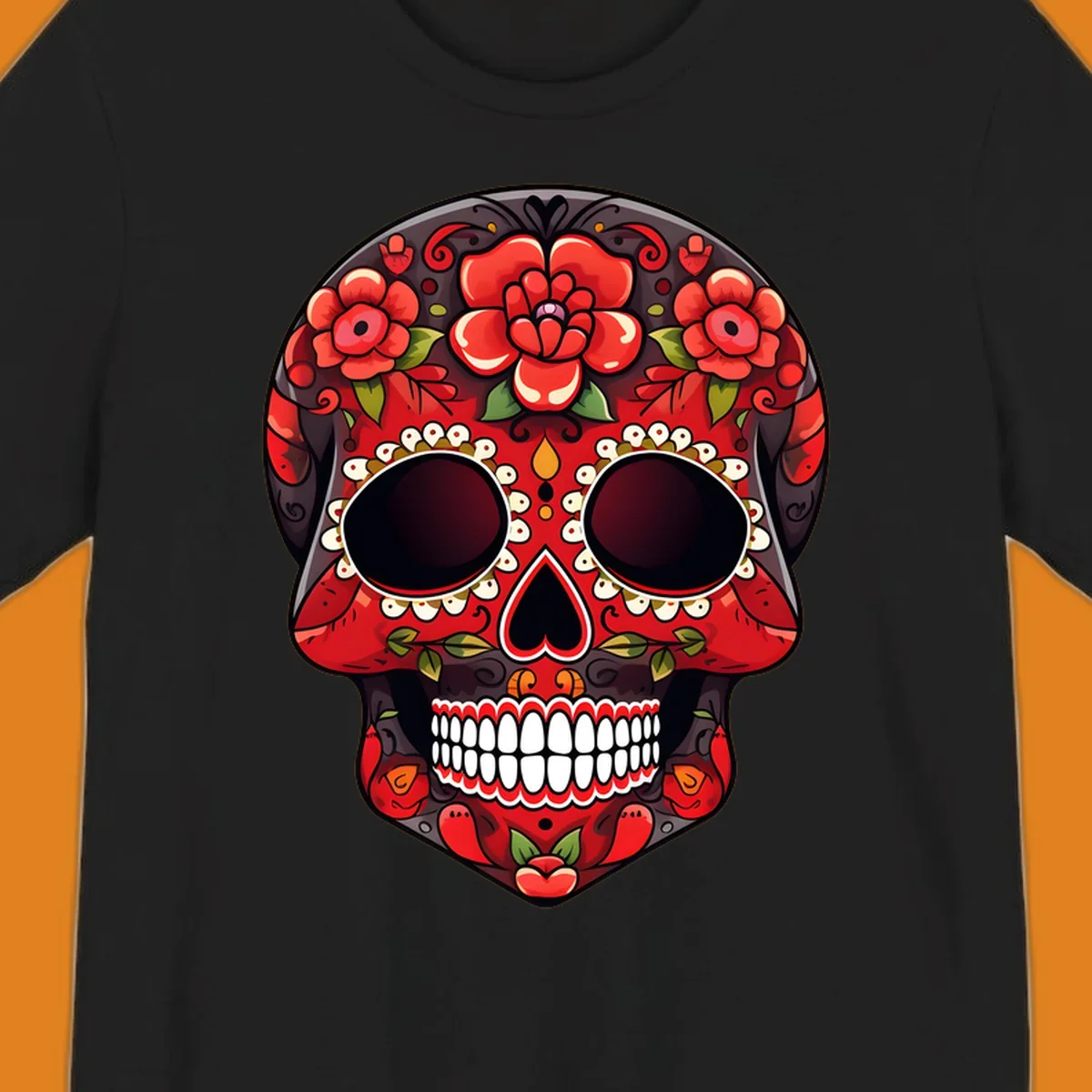 A detailed red floral sugar skull calavera illustration, adorned with bright red roses, green leaves, white teeth, and yellow accents.