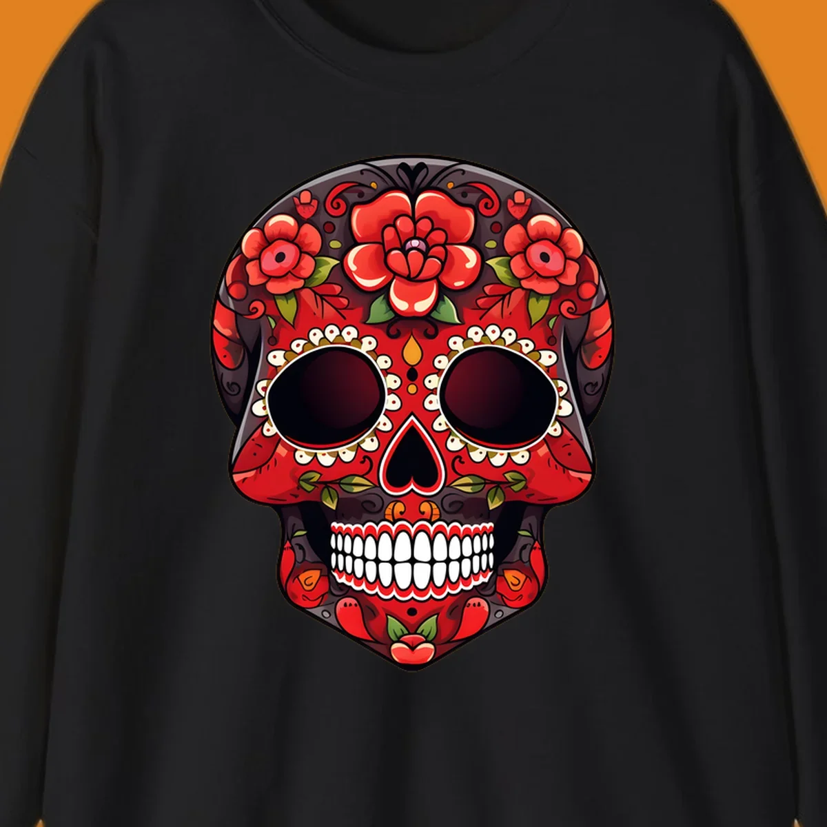 A detailed red floral sugar skull calavera illustration, adorned with bright red roses, green leaves, white teeth, and yellow accents.