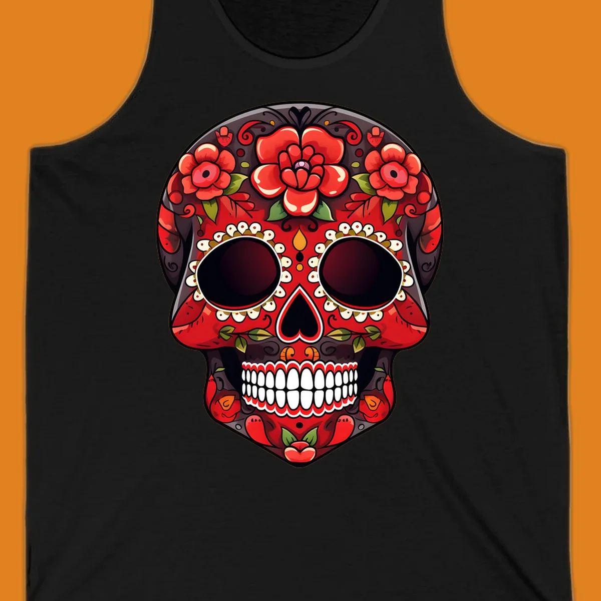 A detailed red floral sugar skull calavera illustration, adorned with bright red roses, green leaves, white teeth, and yellow accents.