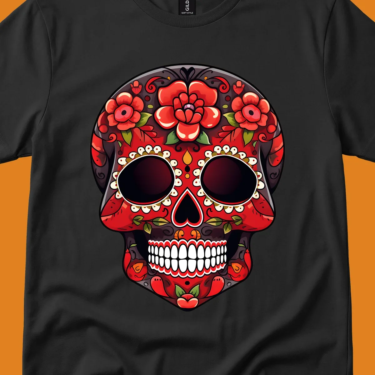 A detailed red floral sugar skull calavera illustration, adorned with bright red roses, green leaves, white teeth, and yellow accents.