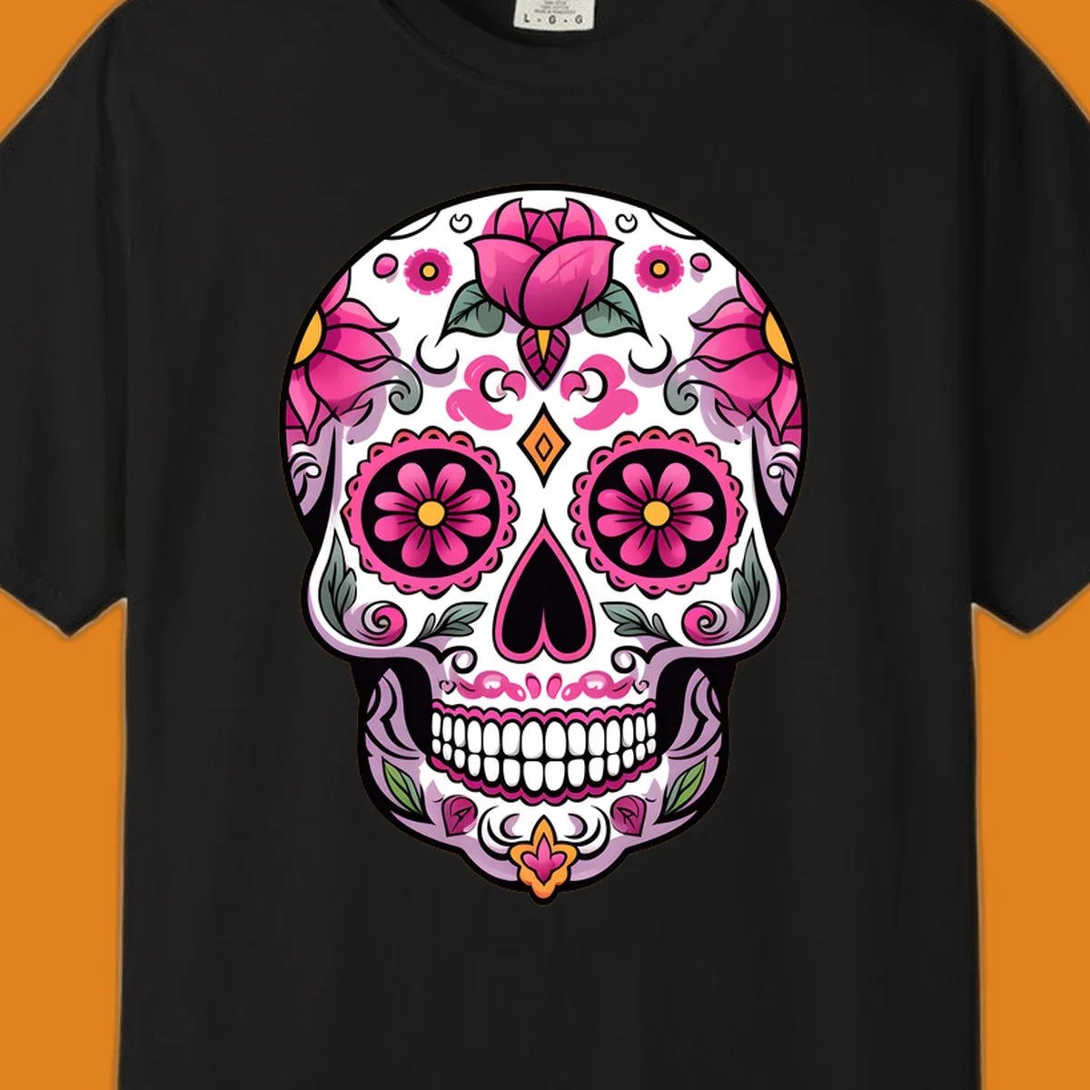 A vibrant pink floral calavera sugar skull illustration with roses, swirls, and a heart-shaped nose.