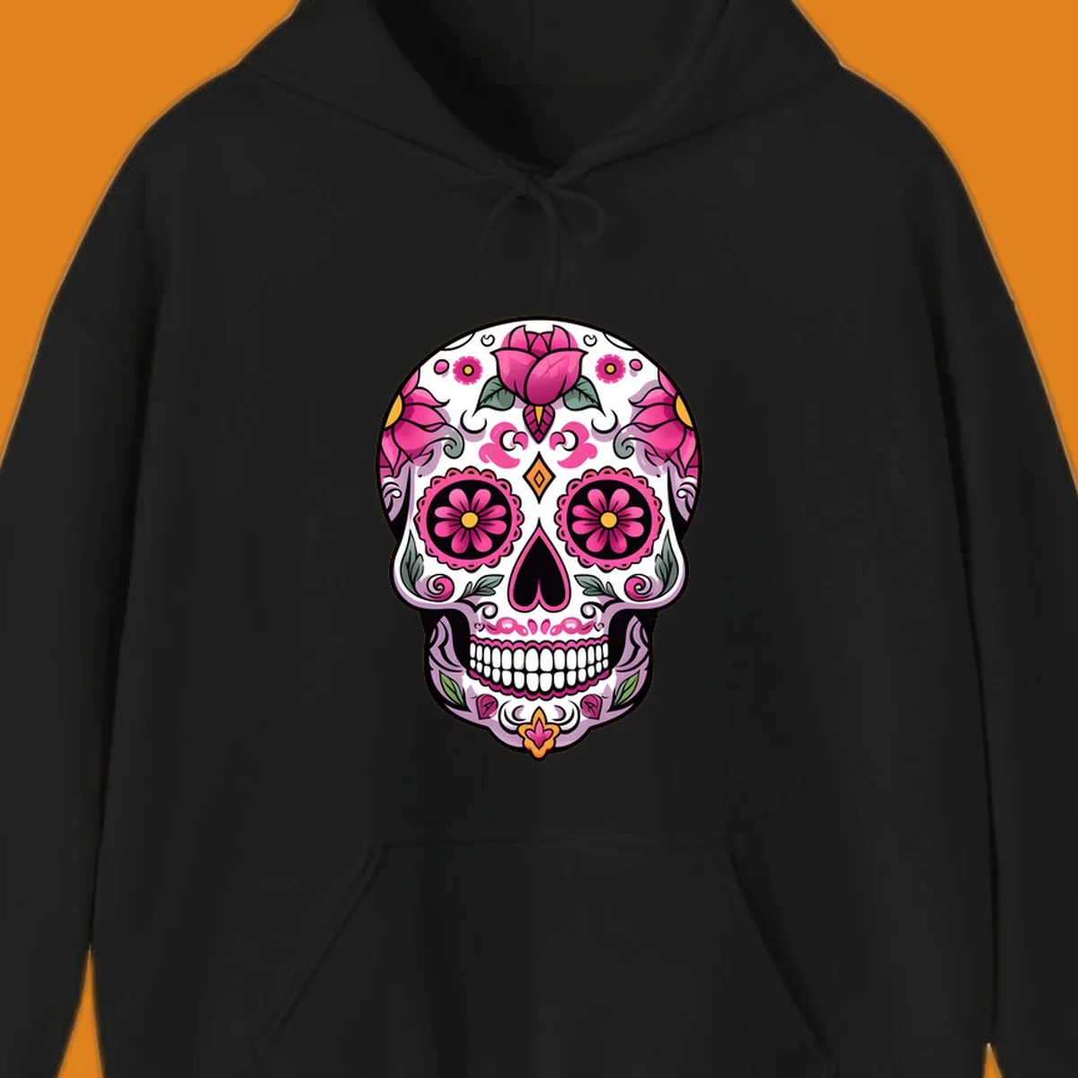 A vibrant pink floral calavera sugar skull illustration with roses, swirls, and a heart-shaped nose.