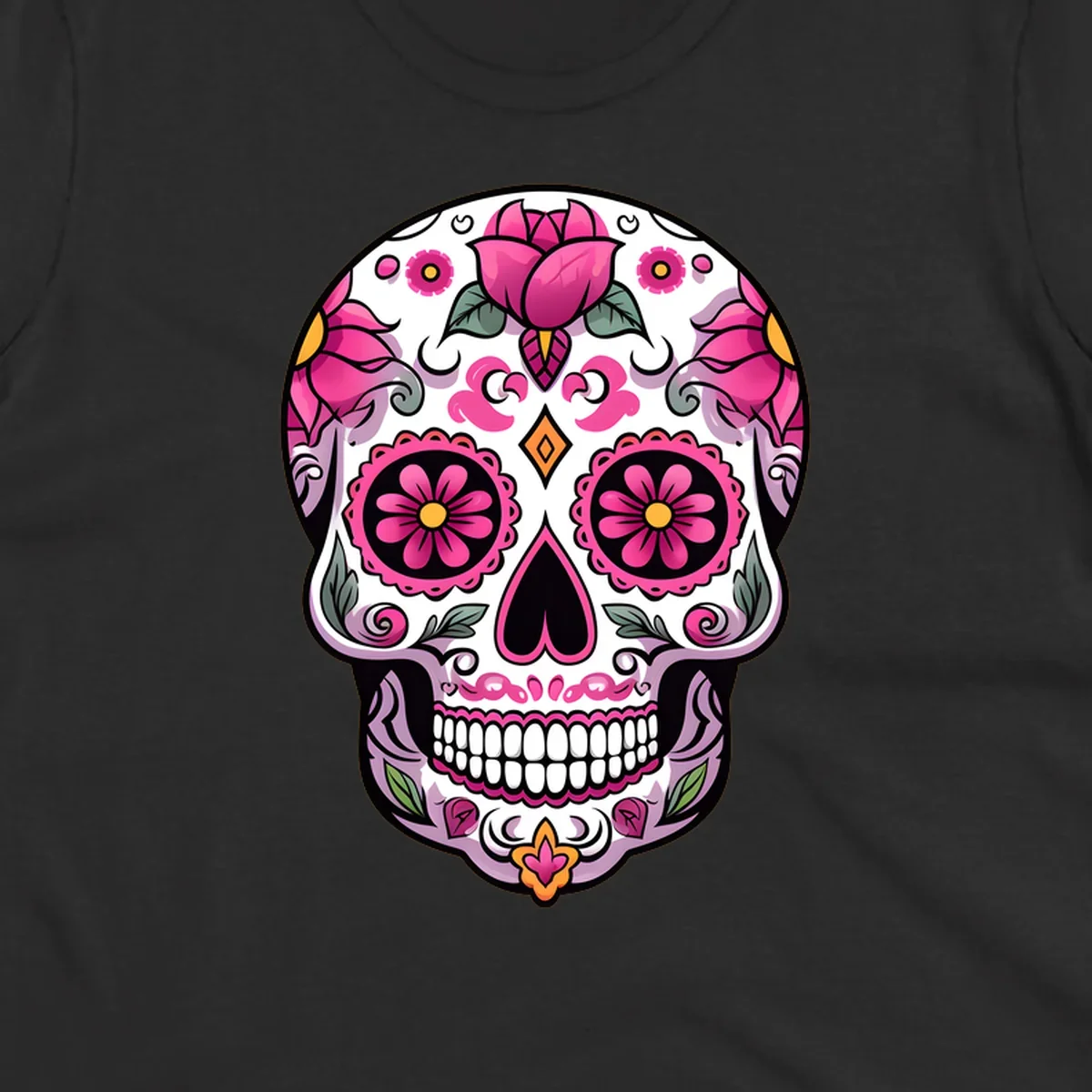 A vibrant pink floral calavera sugar skull illustration with roses, swirls, and a heart-shaped nose.