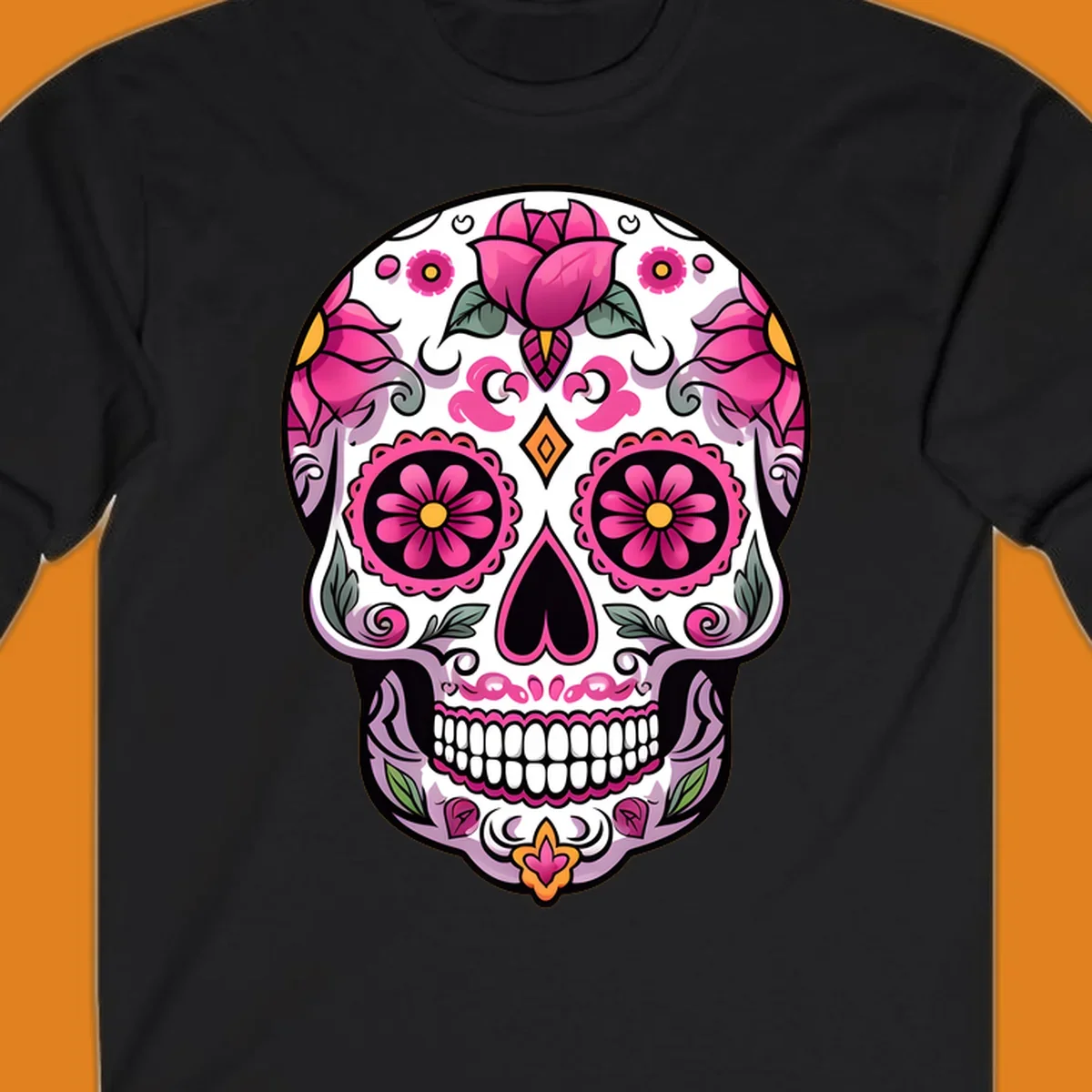 A vibrant pink floral calavera sugar skull illustration with roses, swirls, and a heart-shaped nose.