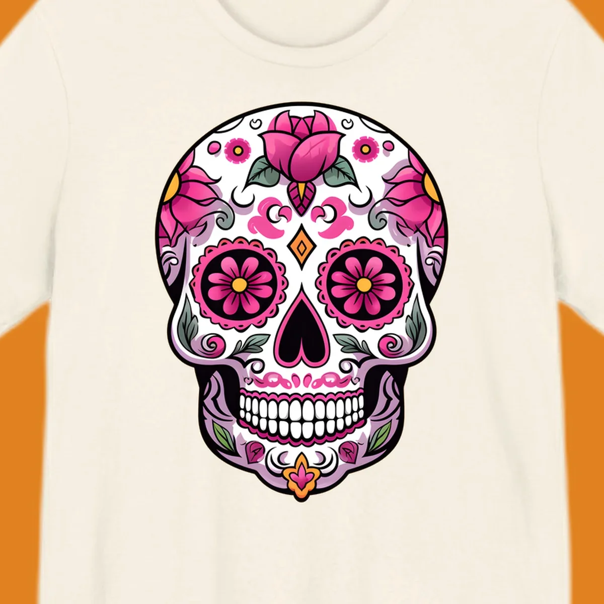 A vibrant pink floral calavera sugar skull illustration with roses, swirls, and a heart-shaped nose.