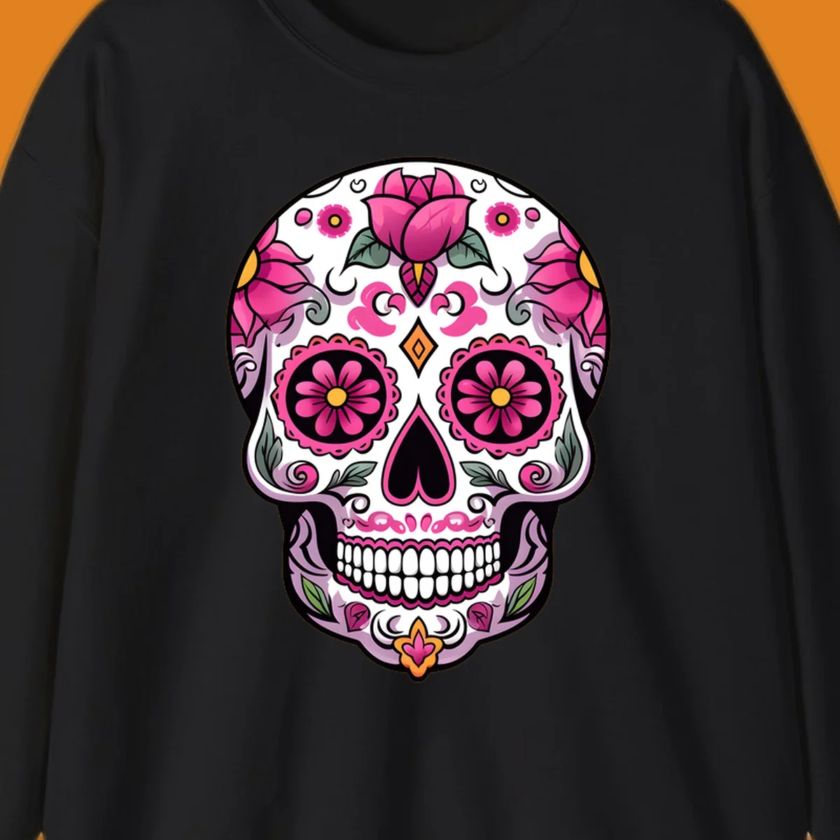 A vibrant pink floral calavera sugar skull illustration with roses, swirls, and a heart-shaped nose.