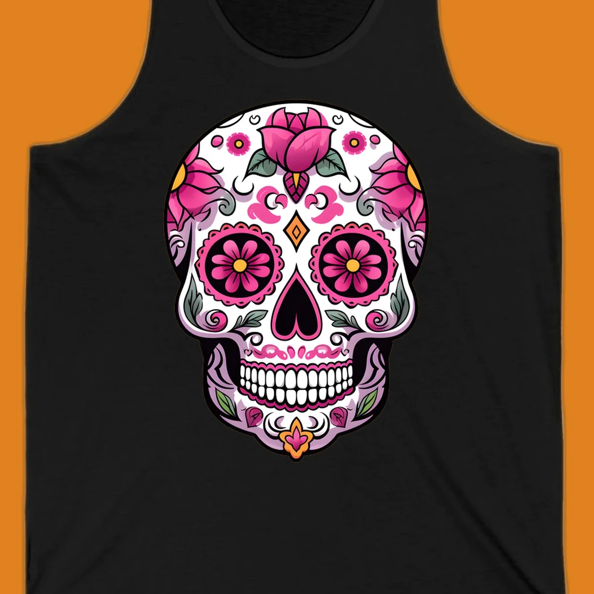 A vibrant pink floral calavera sugar skull illustration with roses, swirls, and a heart-shaped nose.