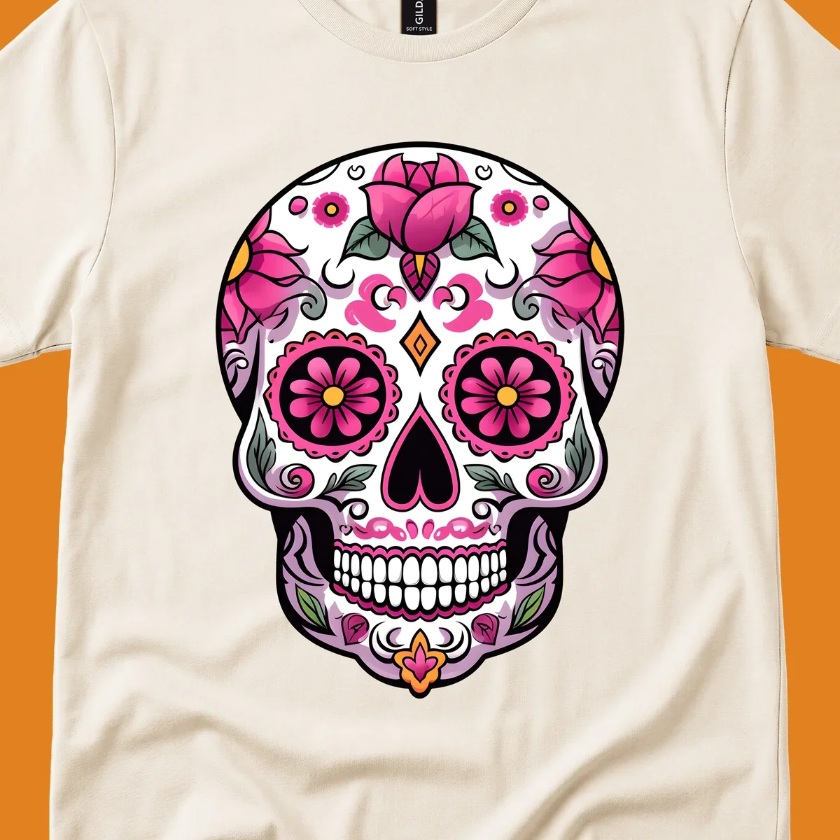 A vibrant pink floral calavera sugar skull illustration with roses, swirls, and a heart-shaped nose.
