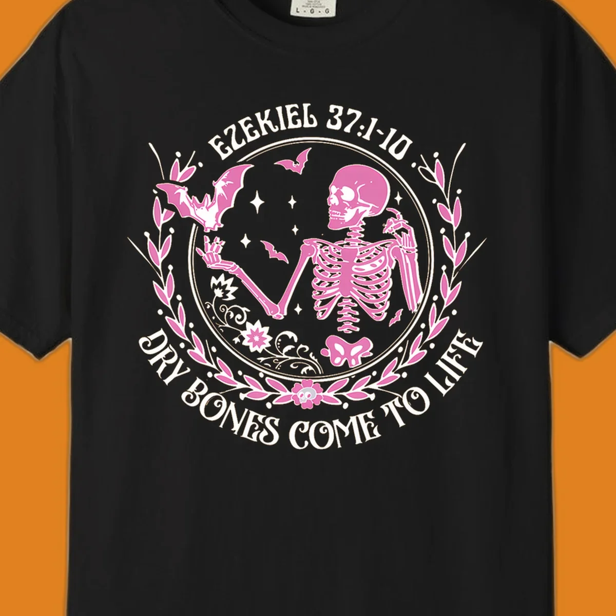 Pink skeleton and bats with text 'Dry Bones Come To Life' from Ezekiel scripture.