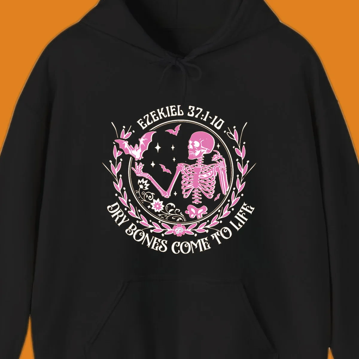 Pink skeleton and bats with text 'Dry Bones Come To Life' from Ezekiel scripture.