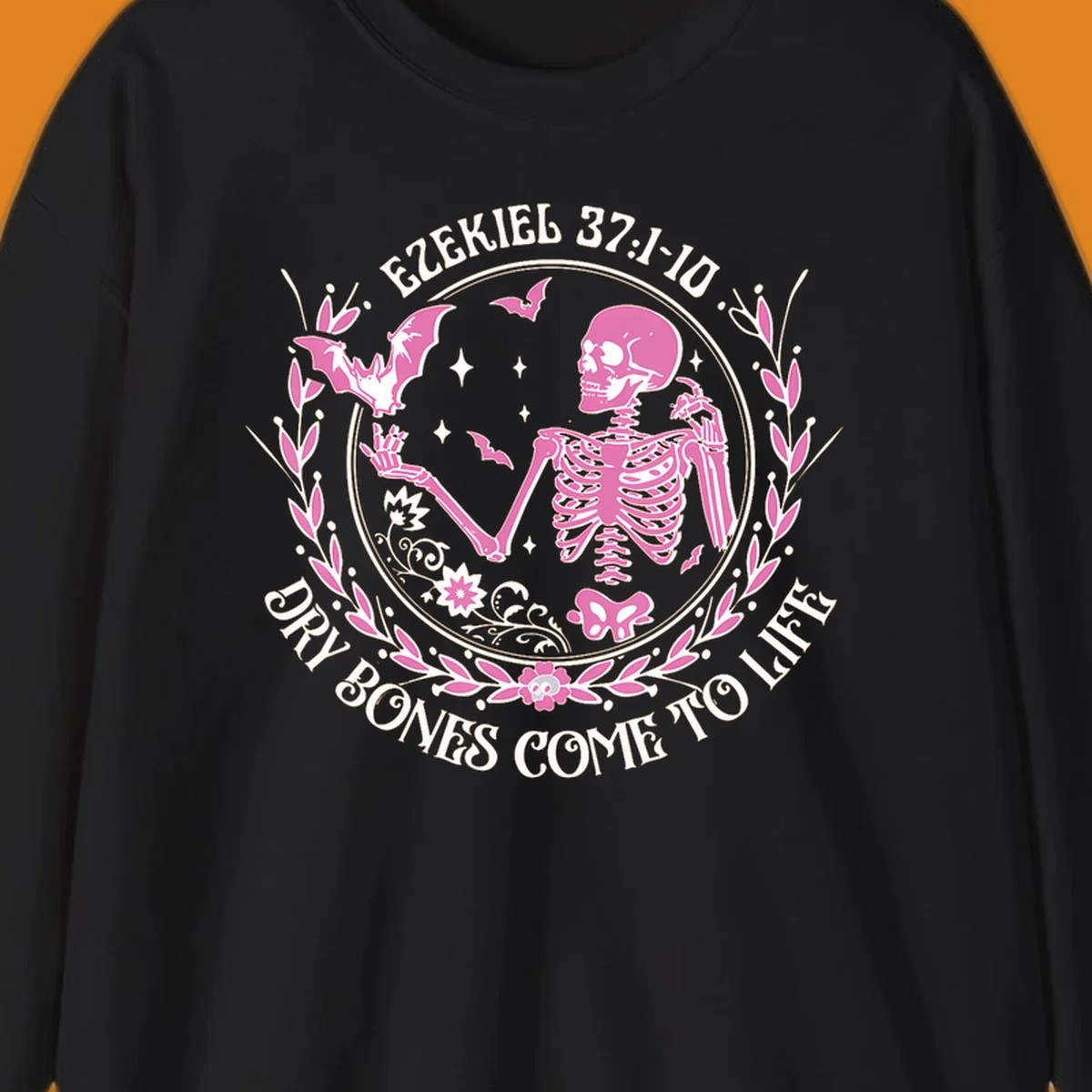 Pink skeleton and bats with text 'Dry Bones Come To Life' from Ezekiel scripture.