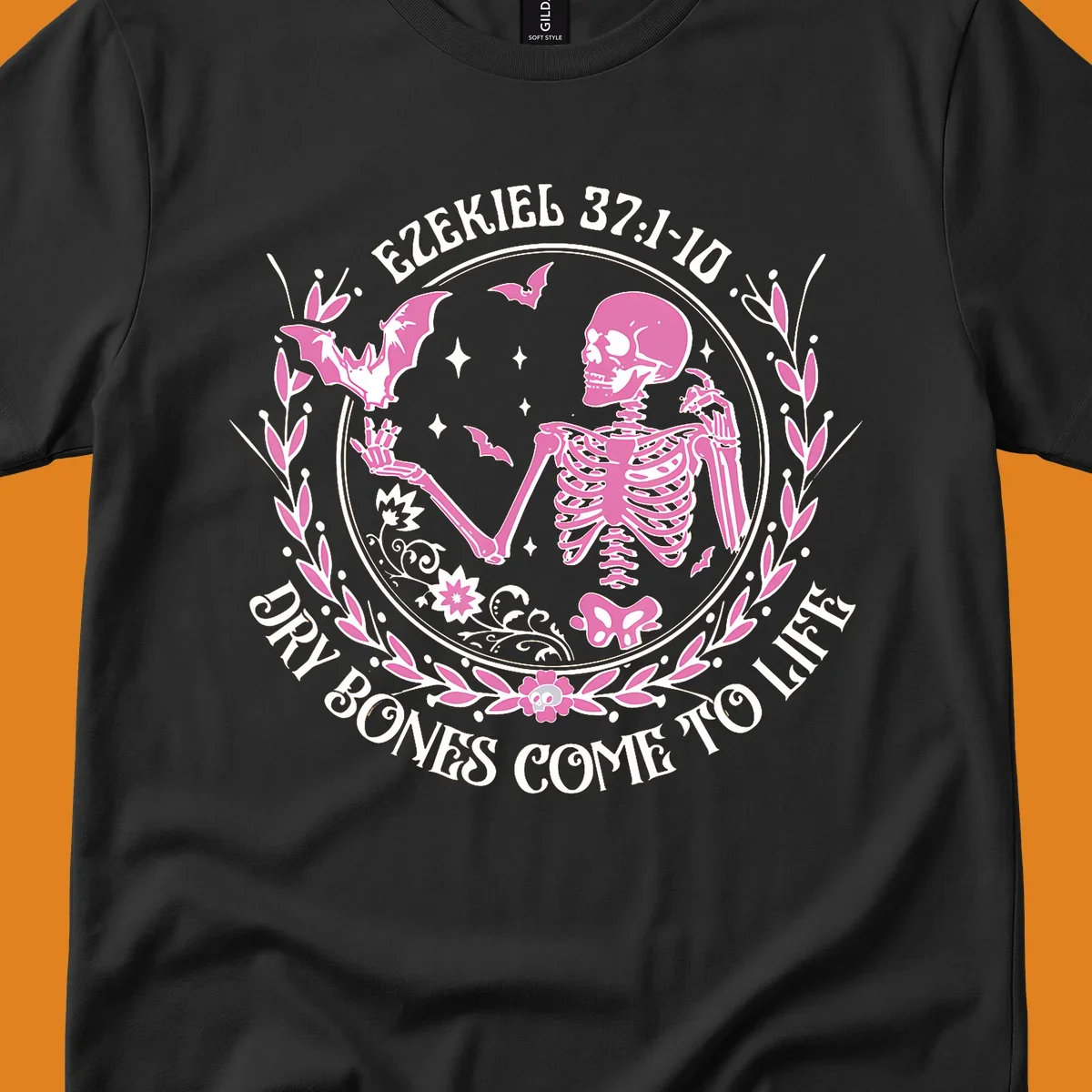 Pink skeleton and bats with text 'Dry Bones Come To Life' from Ezekiel scripture.