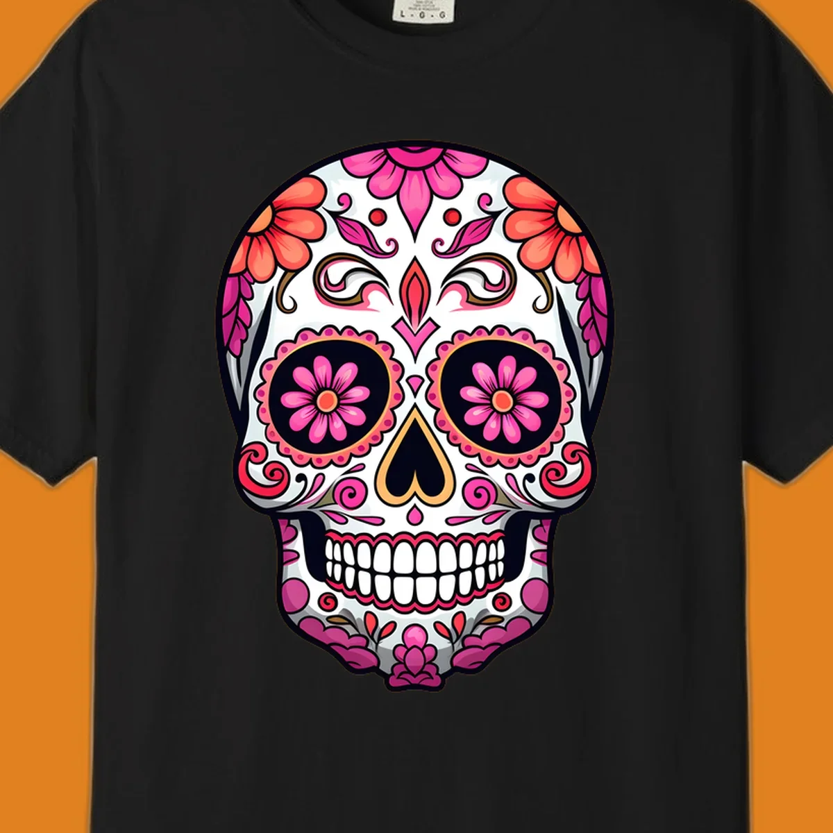 A vibrant ornate floral calavera skull with pink and coral flowers and intricate black and gold details on a white background.