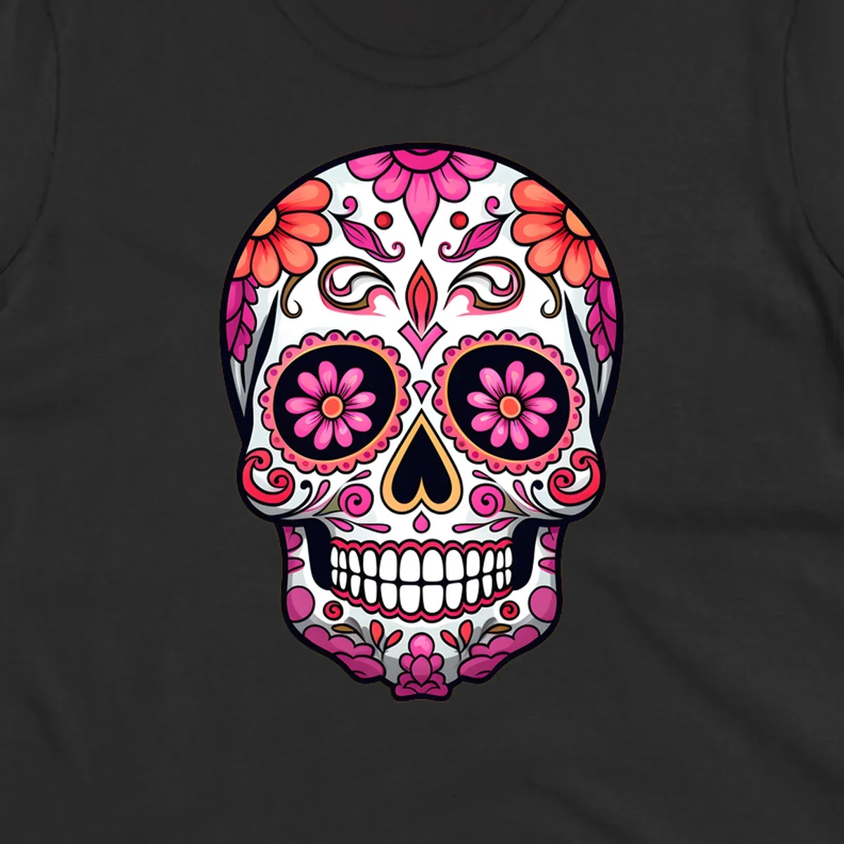 A vibrant ornate floral calavera skull with pink and coral flowers and intricate black and gold details on a white background.