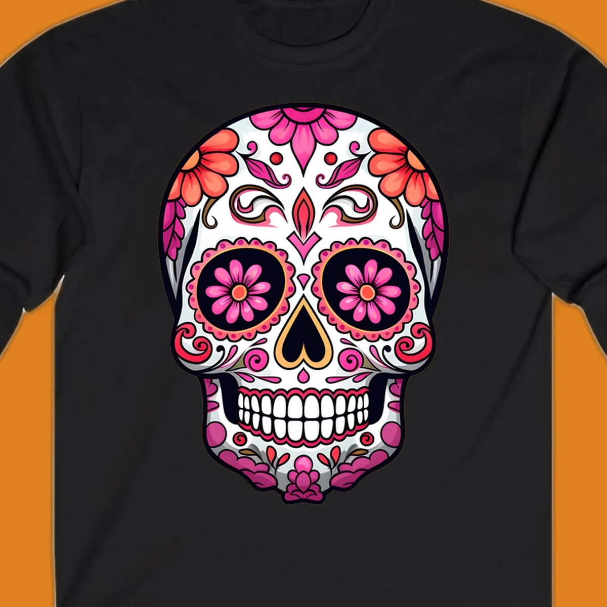A vibrant ornate floral calavera skull with pink and coral flowers and intricate black and gold details on a white background.