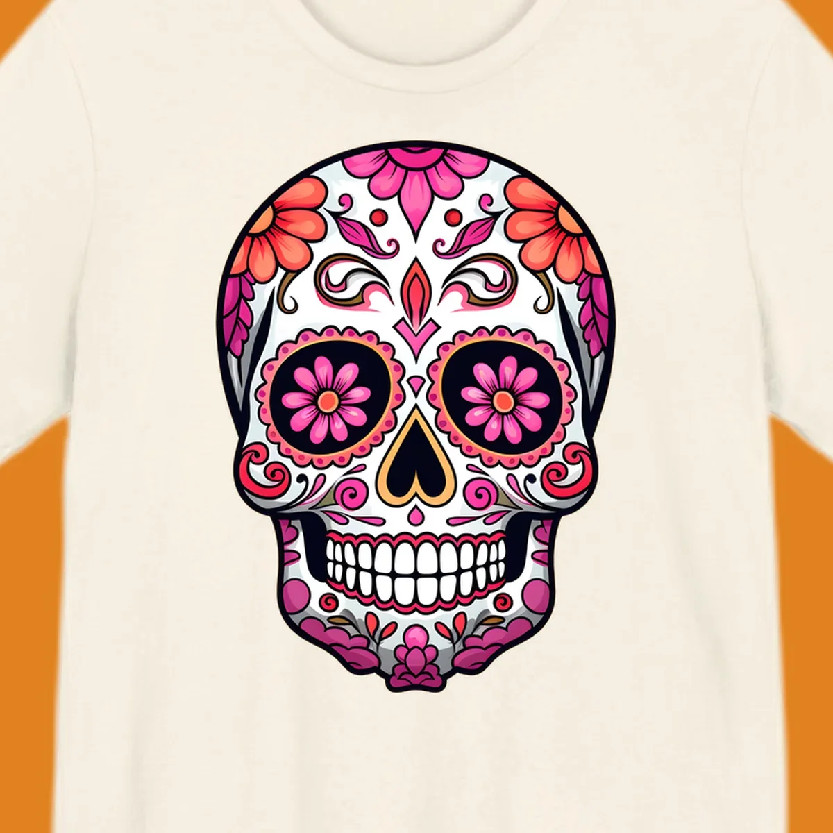 A vibrant ornate floral calavera skull with pink and coral flowers and intricate black and gold details on a white background.