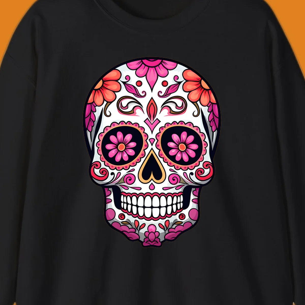 A vibrant ornate floral calavera skull with pink and coral flowers and intricate black and gold details on a white background.