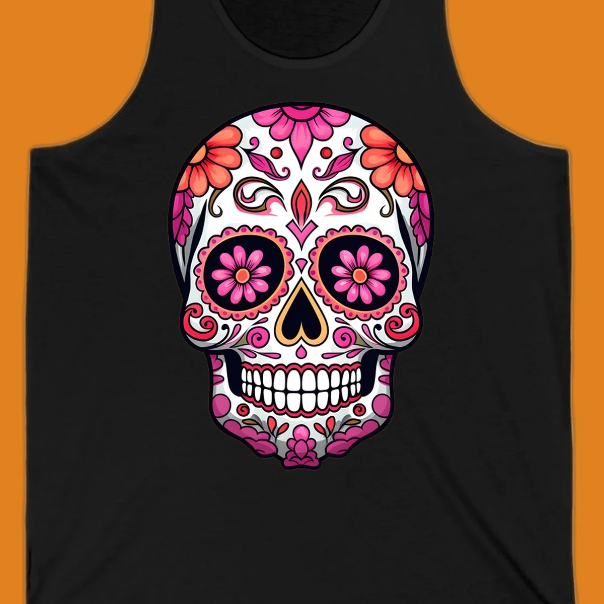 A vibrant ornate floral calavera skull with pink and coral flowers and intricate black and gold details on a white background.
