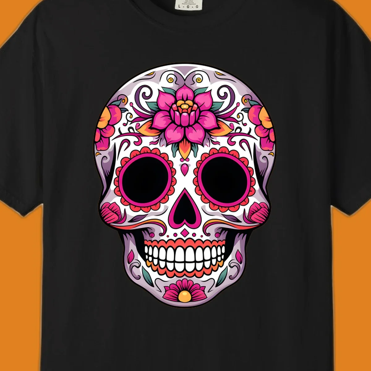 A vibrant, intricately decorated calavera sugar skull featuring pink lotus flowers, orange accents, and elegant scrollwork.