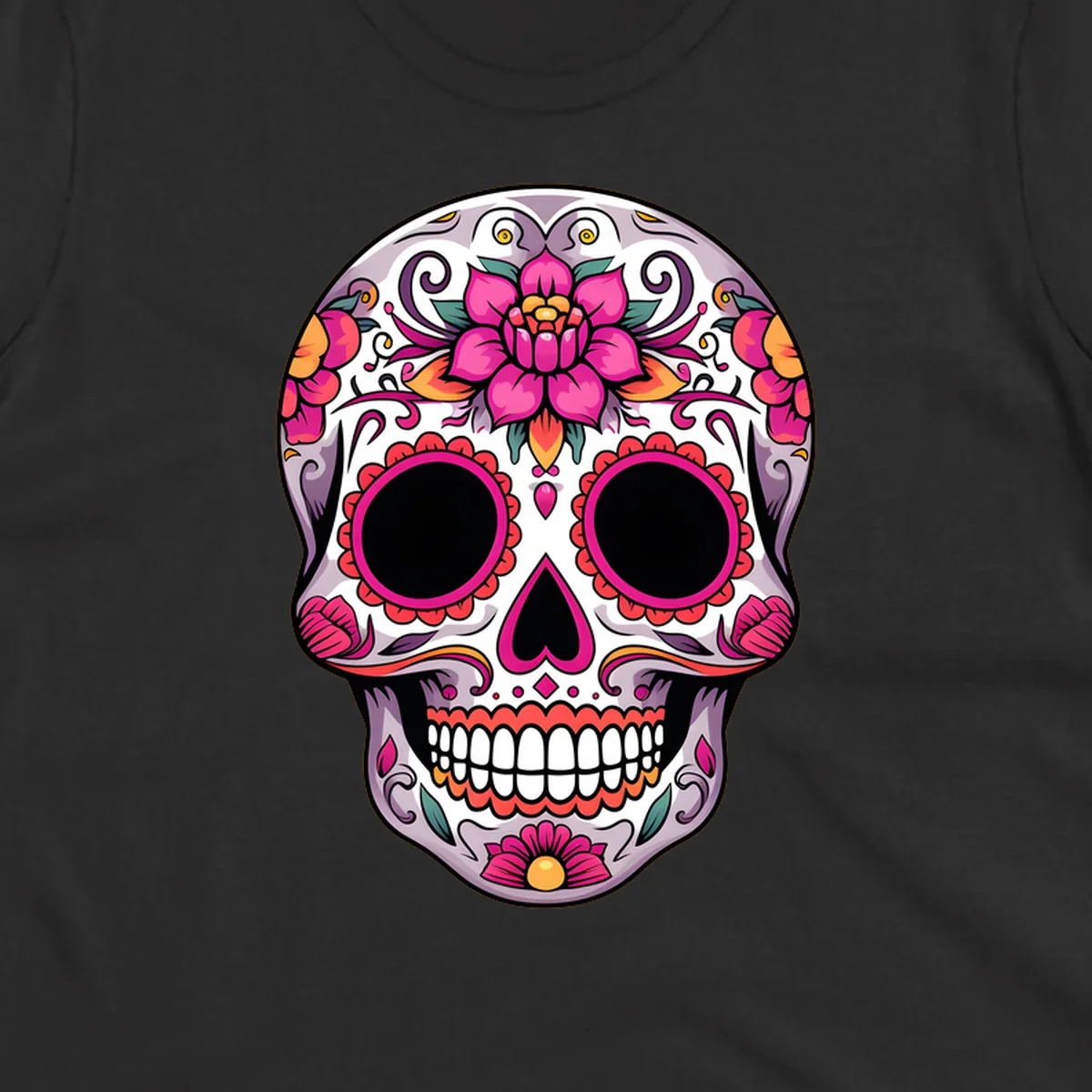 A vibrant, intricately decorated calavera sugar skull featuring pink lotus flowers, orange accents, and elegant scrollwork.