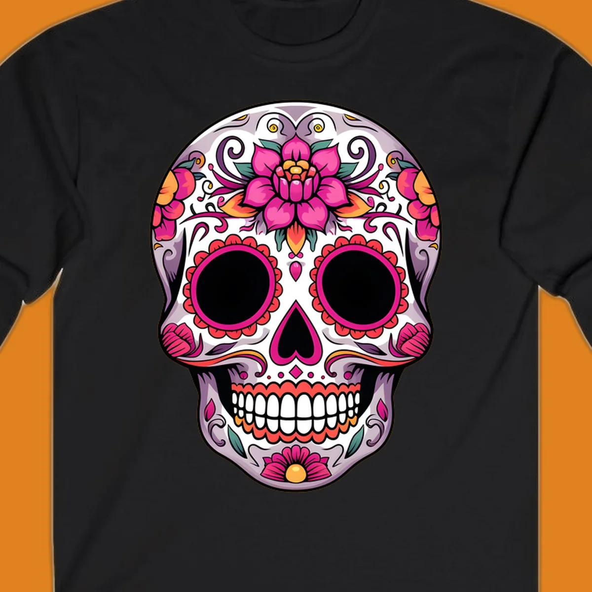 A vibrant, intricately decorated calavera sugar skull featuring pink lotus flowers, orange accents, and elegant scrollwork.
