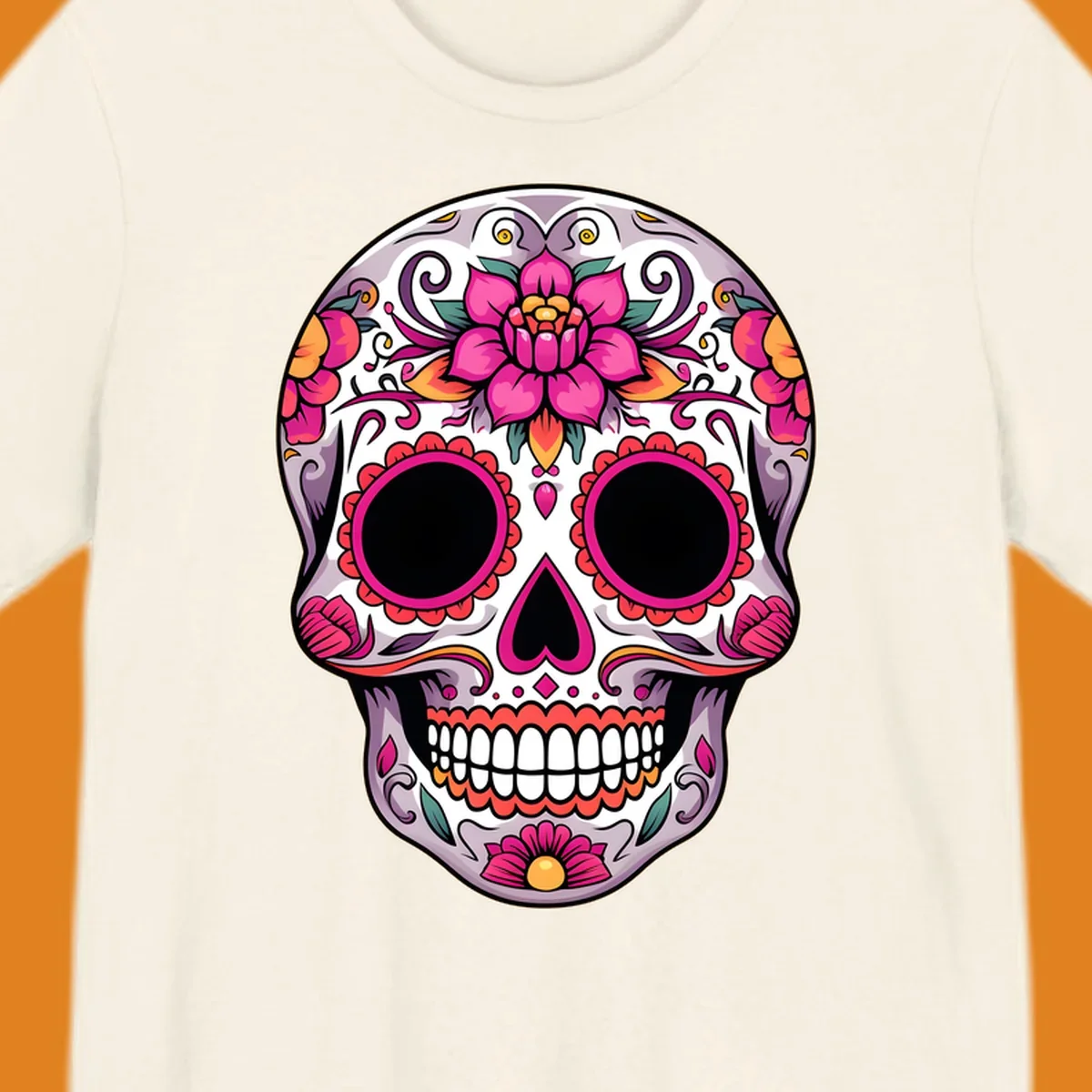 A vibrant, intricately decorated calavera sugar skull featuring pink lotus flowers, orange accents, and elegant scrollwork.