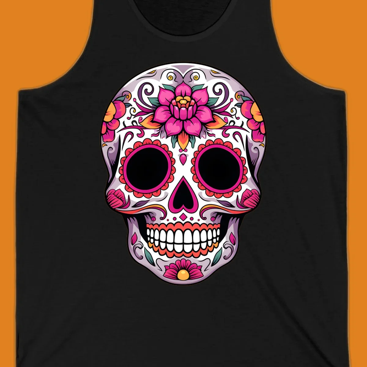 A vibrant, intricately decorated calavera sugar skull featuring pink lotus flowers, orange accents, and elegant scrollwork.