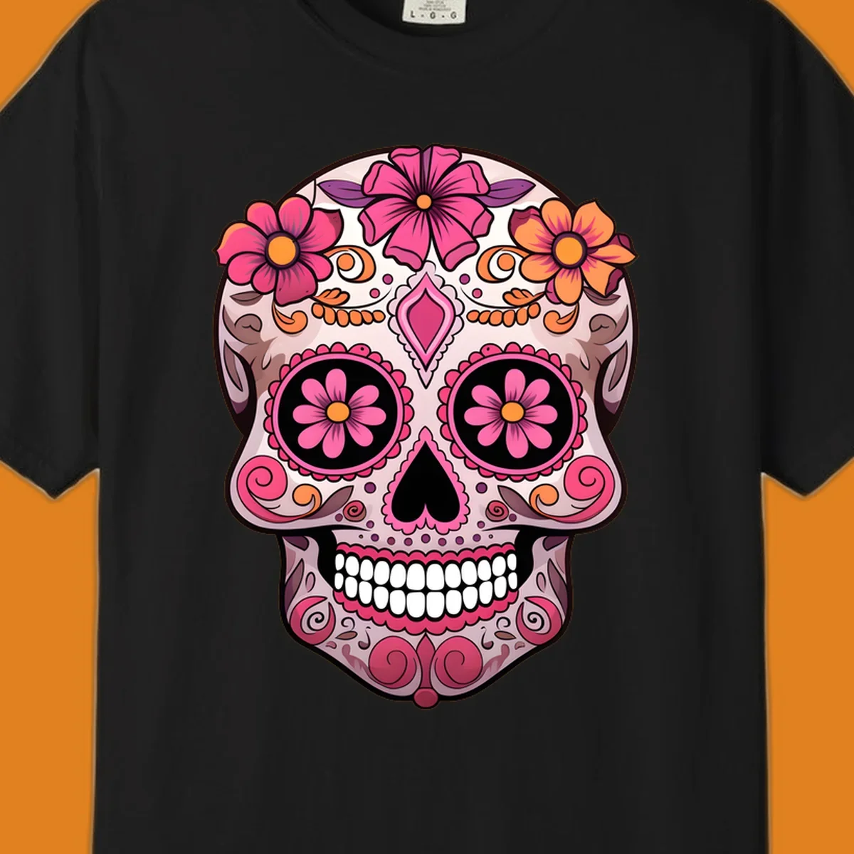 An ornate floral sugar skull calavera with pink and orange flowers, intricate swirls, and decorative patterns.