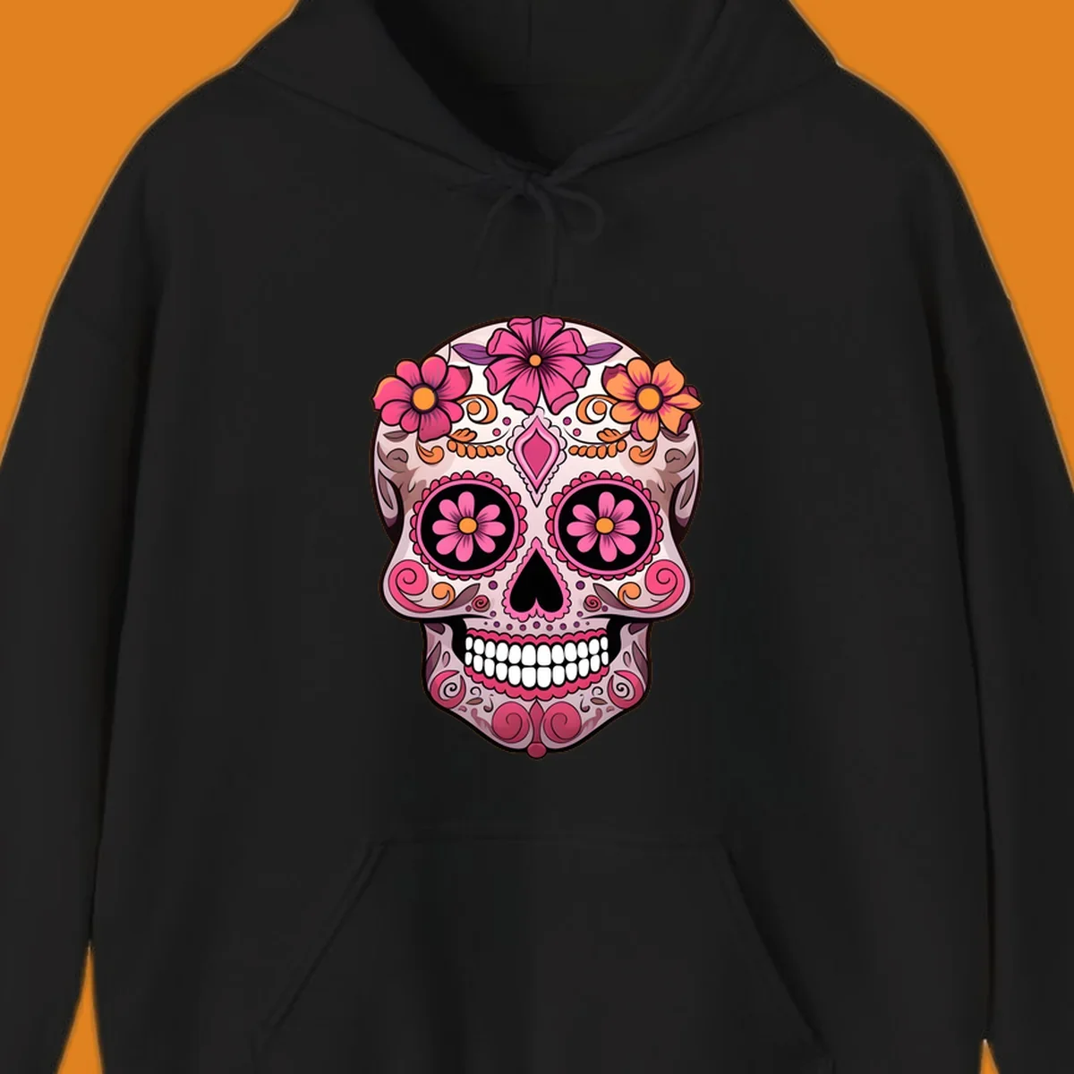 An ornate floral sugar skull calavera with pink and orange flowers, intricate swirls, and decorative patterns.
