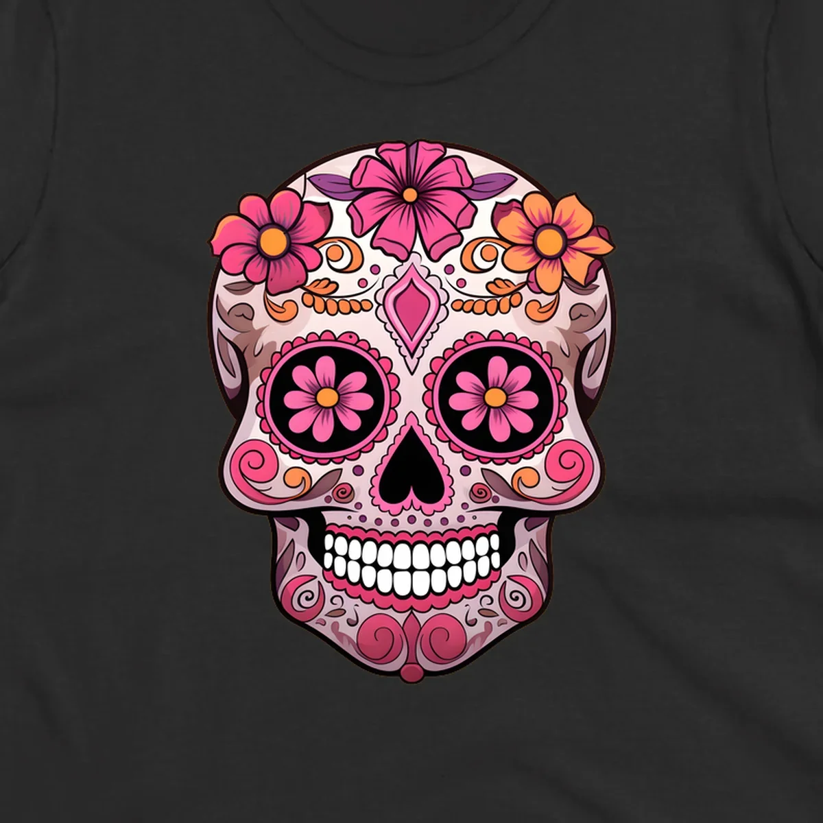 An ornate floral sugar skull calavera with pink and orange flowers, intricate swirls, and decorative patterns.