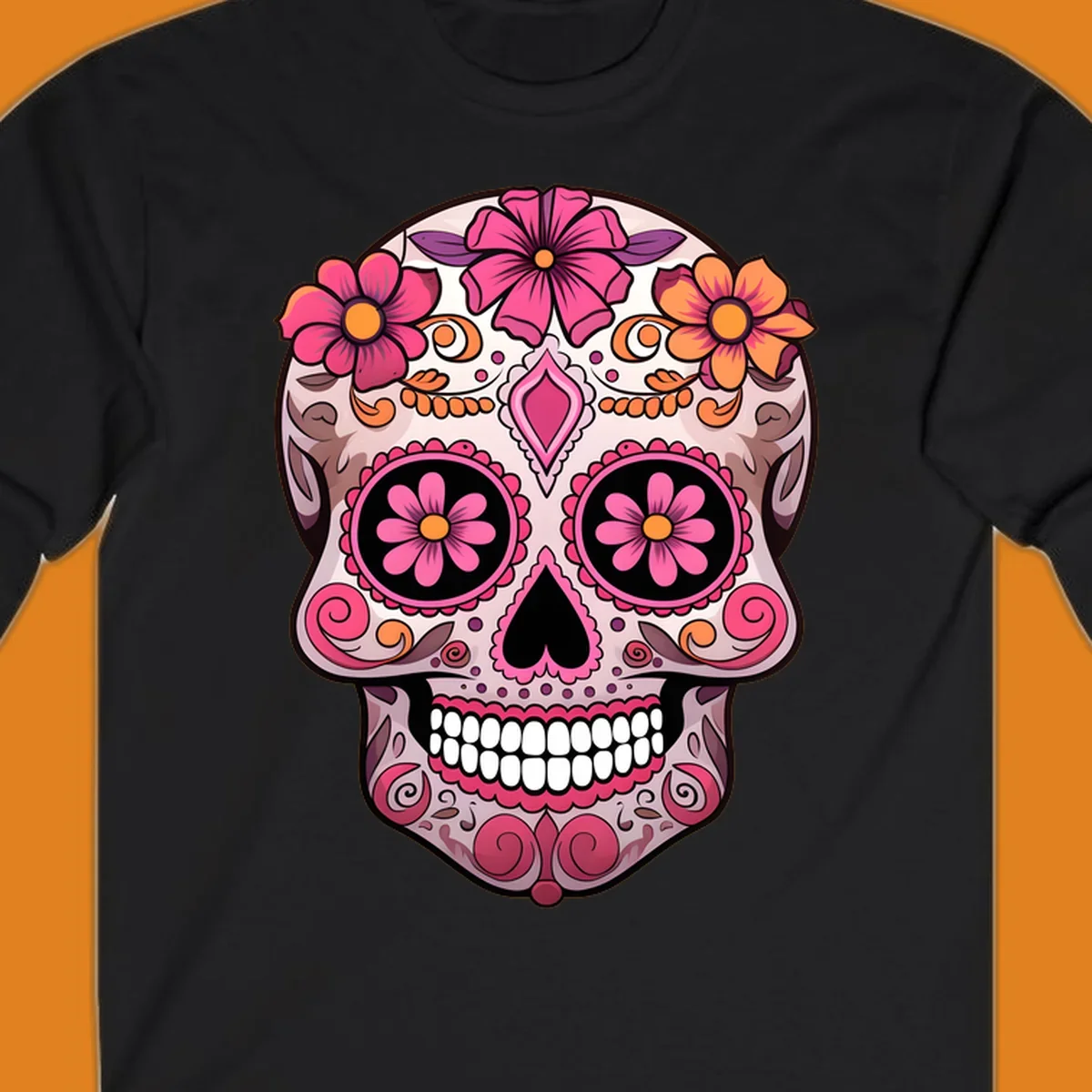 An ornate floral sugar skull calavera with pink and orange flowers, intricate swirls, and decorative patterns.