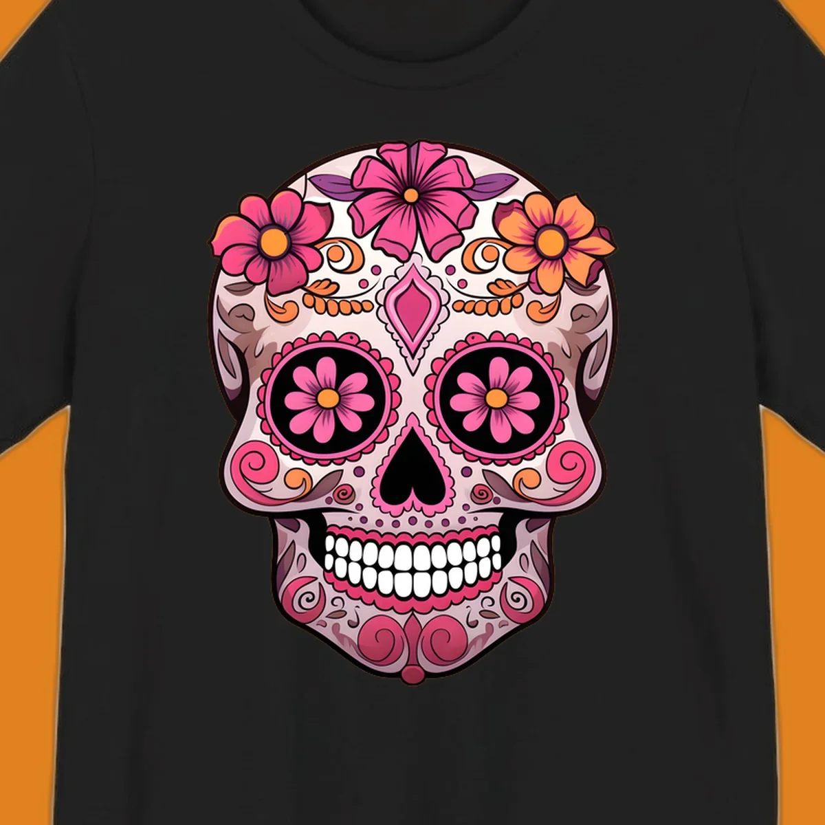 An ornate floral sugar skull calavera with pink and orange flowers, intricate swirls, and decorative patterns.