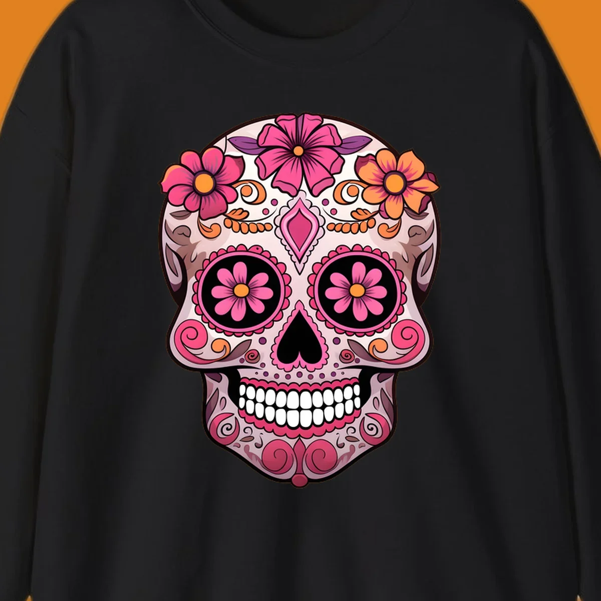 An ornate floral sugar skull calavera with pink and orange flowers, intricate swirls, and decorative patterns.