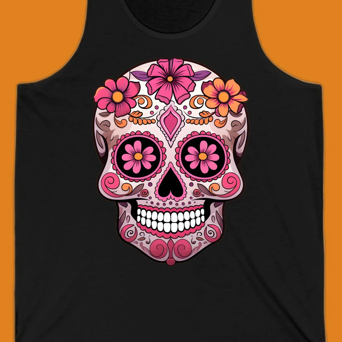 An ornate floral sugar skull calavera with pink and orange flowers, intricate swirls, and decorative patterns.