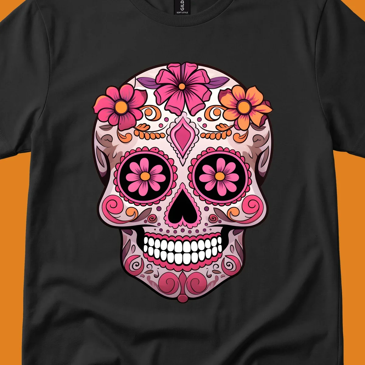 An ornate floral sugar skull calavera with pink and orange flowers, intricate swirls, and decorative patterns.