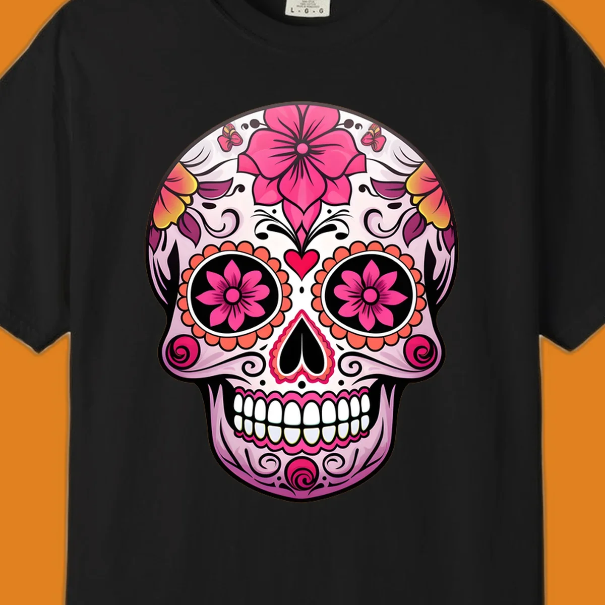 A vibrant floral sugar skull illustration featuring pink flowers, hearts, and butterflies on a light pink skull.