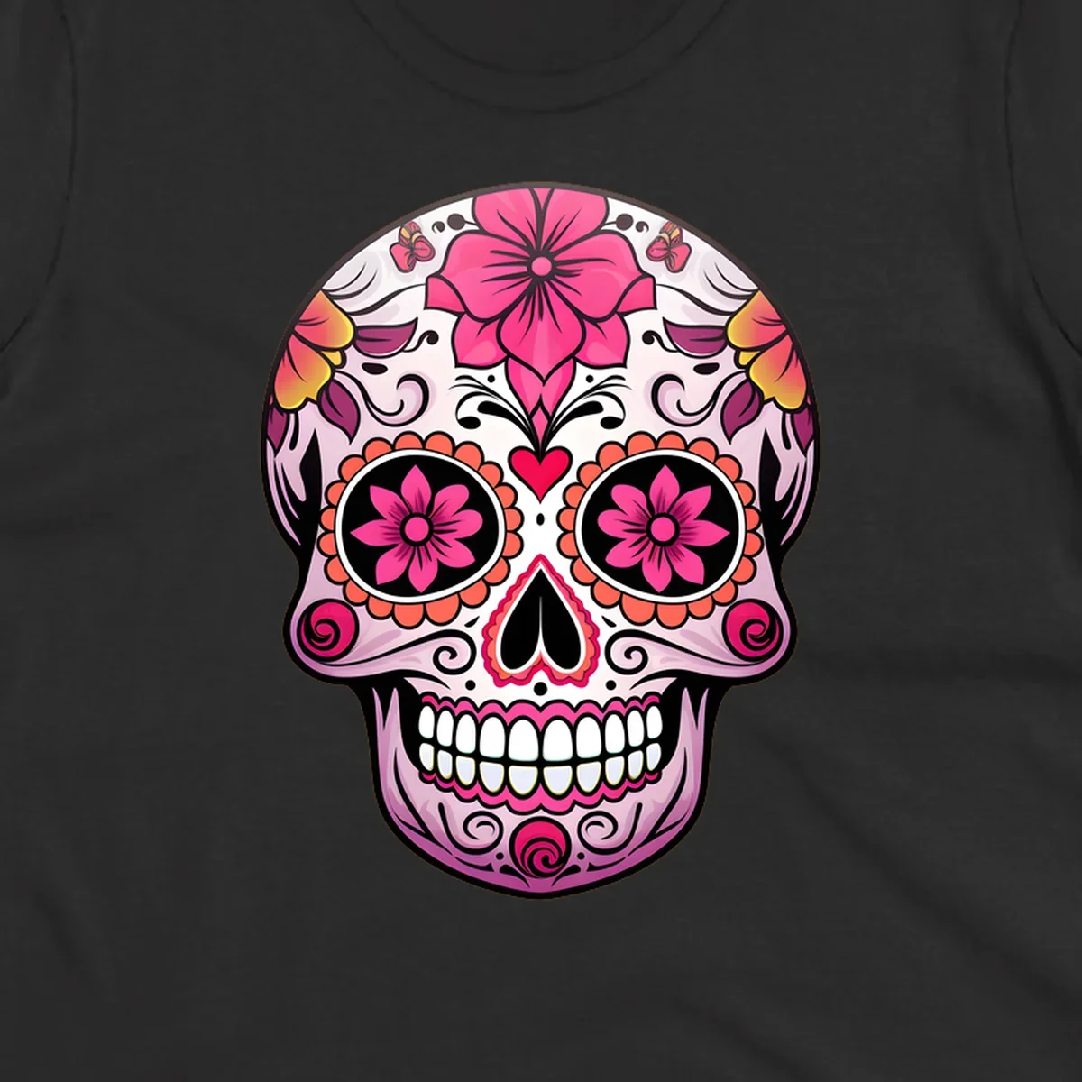 A vibrant floral sugar skull illustration featuring pink flowers, hearts, and butterflies on a light pink skull.