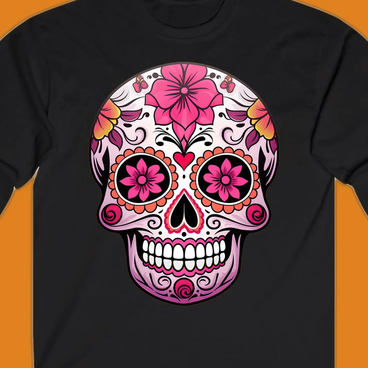 A vibrant floral sugar skull illustration featuring pink flowers, hearts, and butterflies on a light pink skull.